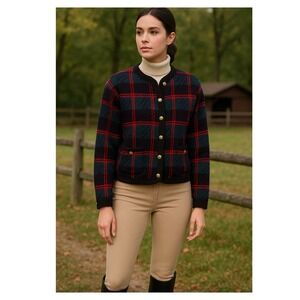 Vintage Tally-Ho Fashions‎ Plaid Equestrian Tartan Cardigan Gold Buttons Preppy